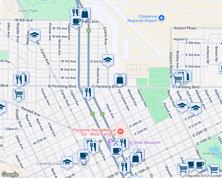 map of restaurants, bars, coffee shops, grocery stores, and more near 2811 House Avenue in Cheyenne