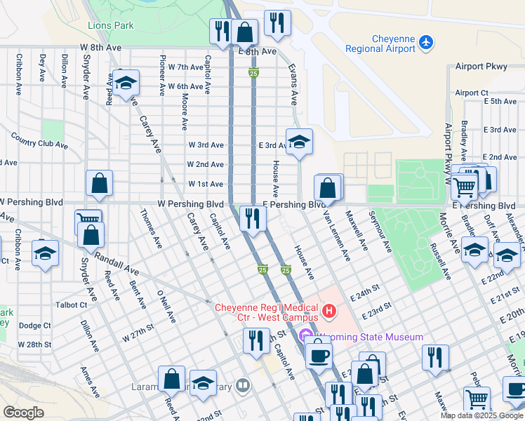map of restaurants, bars, coffee shops, grocery stores, and more near 2810 House Avenue in Cheyenne