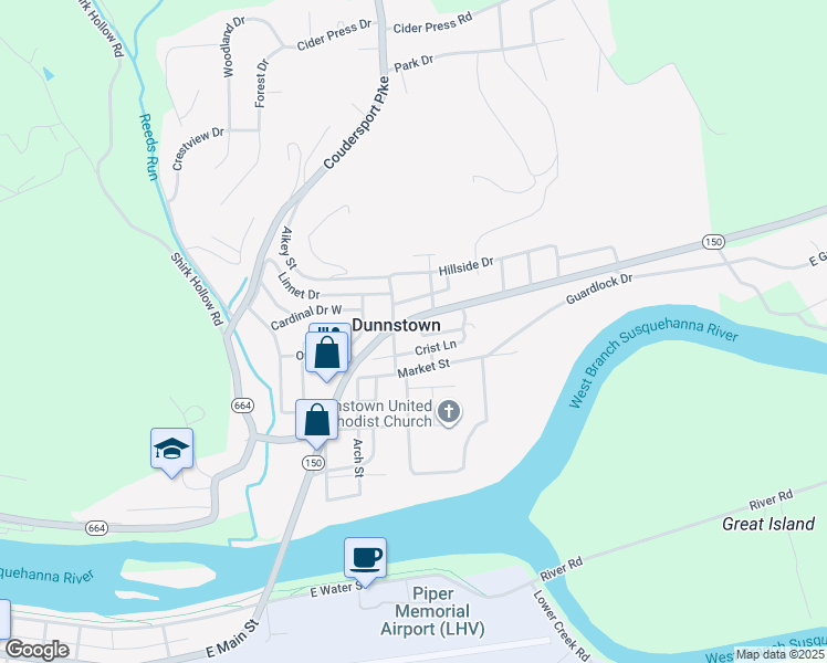 map of restaurants, bars, coffee shops, grocery stores, and more near Crist Lane in Lock Haven