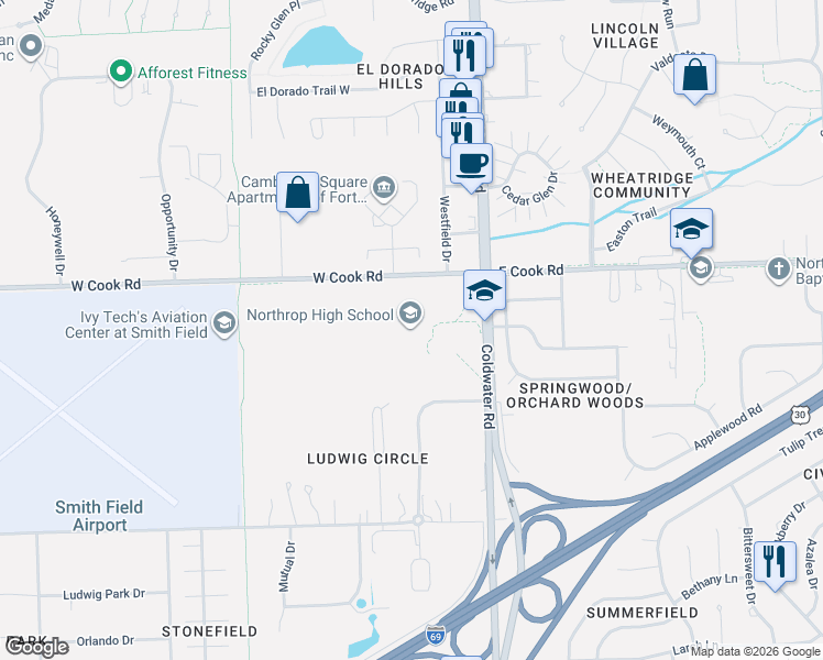 map of restaurants, bars, coffee shops, grocery stores, and more near 6601-6799 Ludwig Circle in Fort Wayne