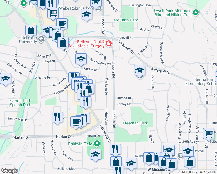 map of restaurants, bars, coffee shops, grocery stores, and more near 1202 West 15th Avenue in Bellevue
