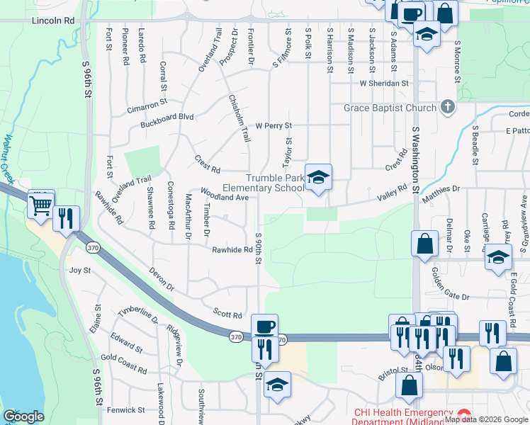 map of restaurants, bars, coffee shops, grocery stores, and more near 1111 Locust Avenue in Papillion