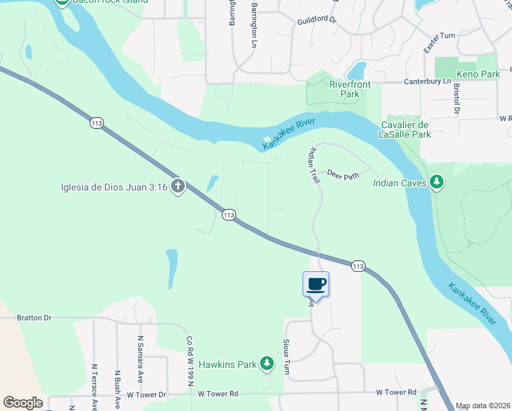 map of restaurants, bars, coffee shops, grocery stores, and more near 1810 North 1500W Road in Kankakee