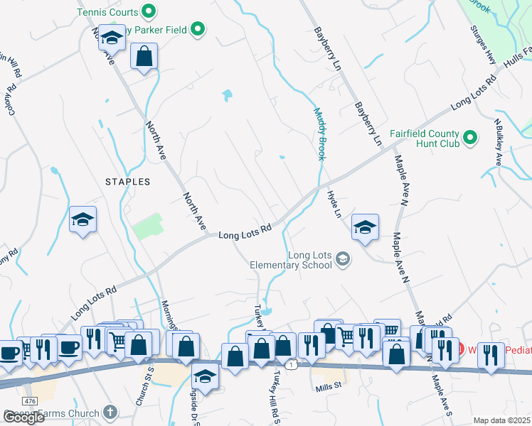 map of restaurants, bars, coffee shops, grocery stores, and more near 1 Elmwood Road in Westport