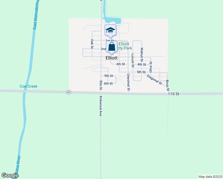map of restaurants, bars, coffee shops, grocery stores, and more near 301 Iowa 48 in Elliott