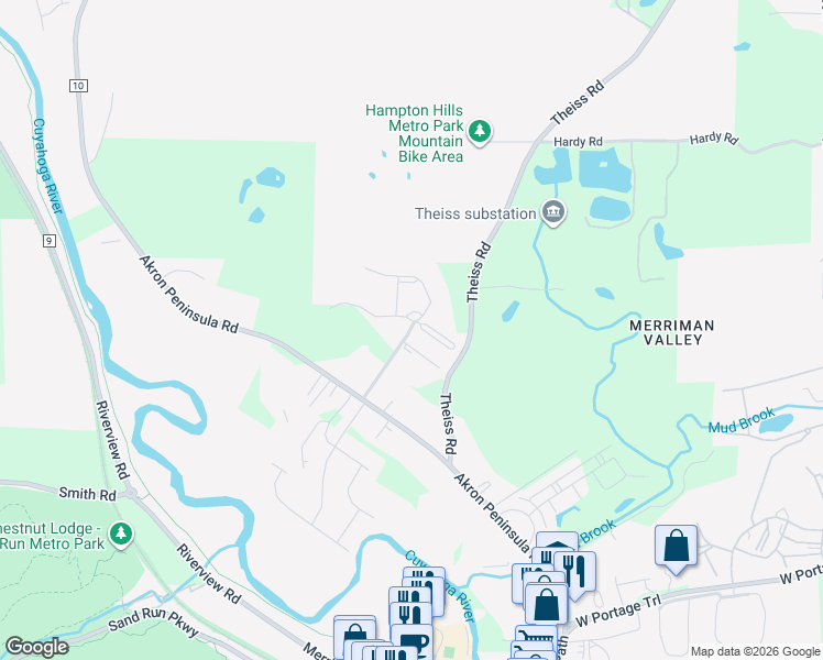 map of restaurants, bars, coffee shops, grocery stores, and more near 1745 Hampton Knoll Drive in Akron