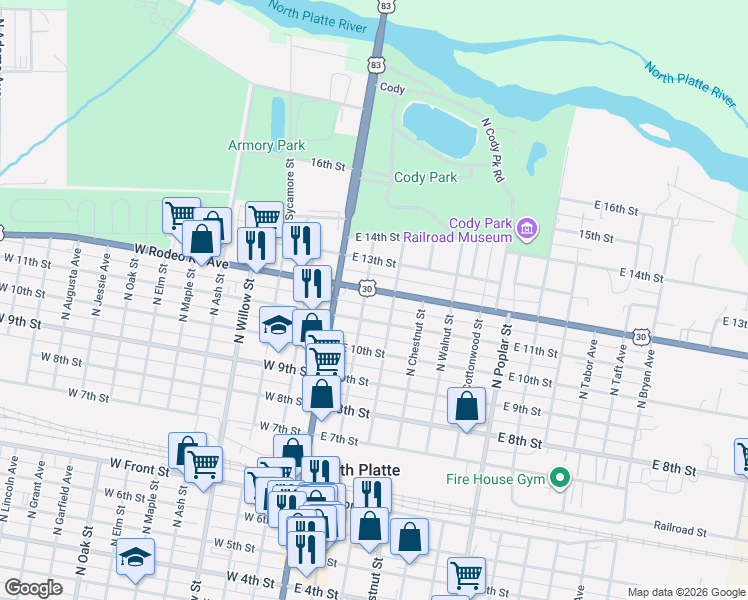 map of restaurants, bars, coffee shops, grocery stores, and more near 1201-1251 N Dewey St in North Platte