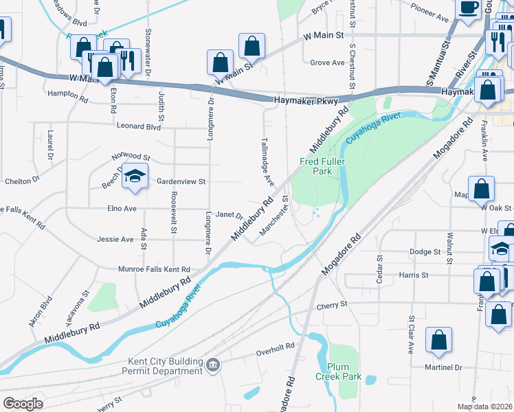 map of restaurants, bars, coffee shops, grocery stores, and more near 972 Gardenview Street in Kent
