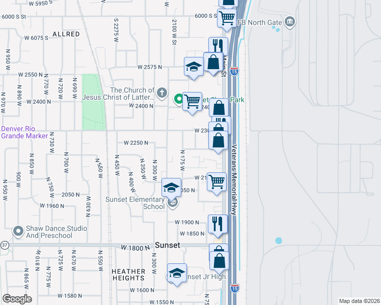 map of restaurants, bars, coffee shops, grocery stores, and more near 129 West 2200 North in Sunset