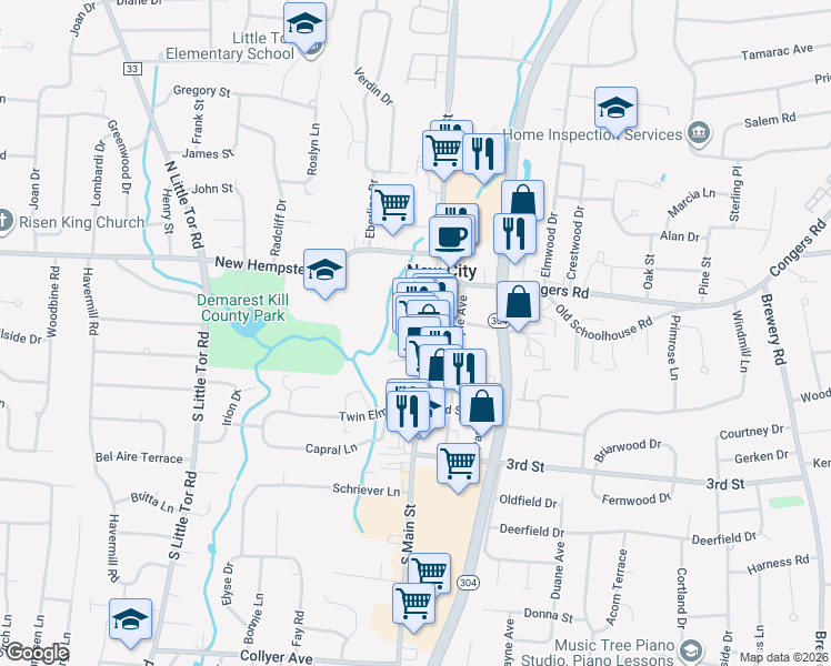 map of restaurants, bars, coffee shops, grocery stores, and more near 37 South Main Street in New City
