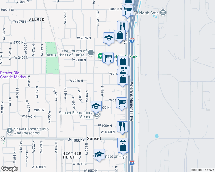 map of restaurants, bars, coffee shops, grocery stores, and more near 129 West 2200 North in Sunset