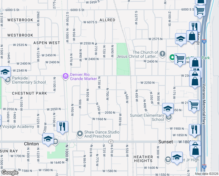 map of restaurants, bars, coffee shops, grocery stores, and more near 2257 North 700 West in Clinton