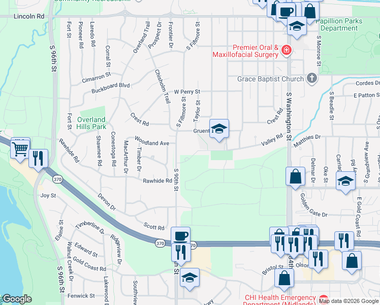 map of restaurants, bars, coffee shops, grocery stores, and more near 701-727 Gruenther Street in Papillion