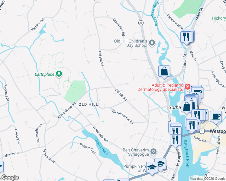 map of restaurants, bars, coffee shops, grocery stores, and more near 31 Old Hill Road in Westport