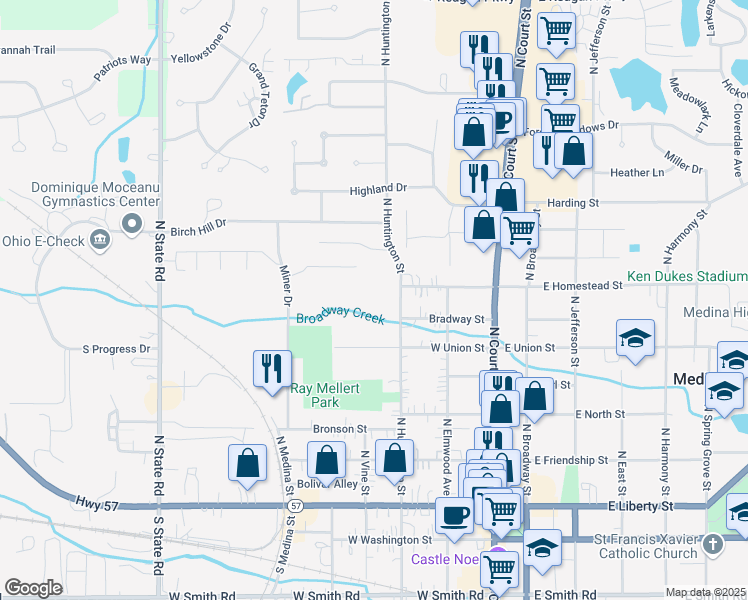 map of restaurants, bars, coffee shops, grocery stores, and more near 635 North Huntington Street in Medina