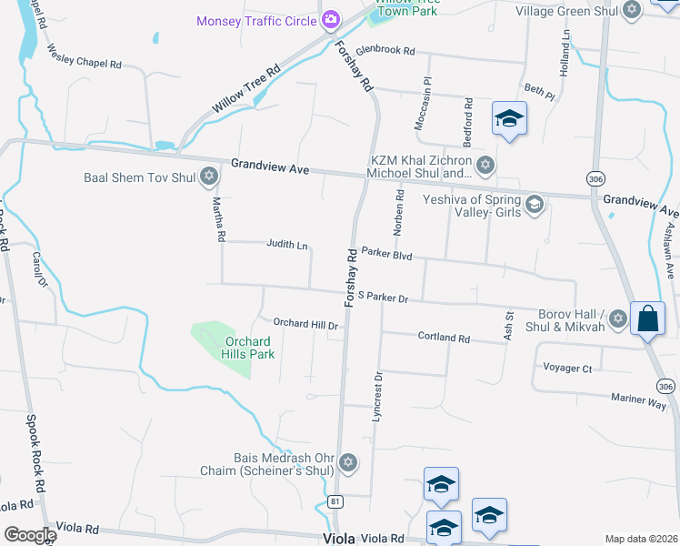 map of restaurants, bars, coffee shops, grocery stores, and more near 6 Judith Lane in Monsey