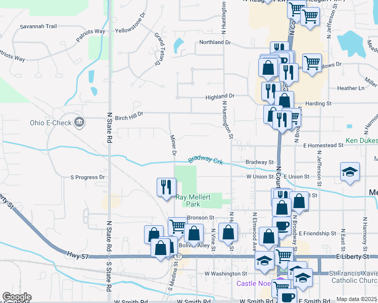 map of restaurants, bars, coffee shops, grocery stores, and more near 550 Miner Drive in Medina