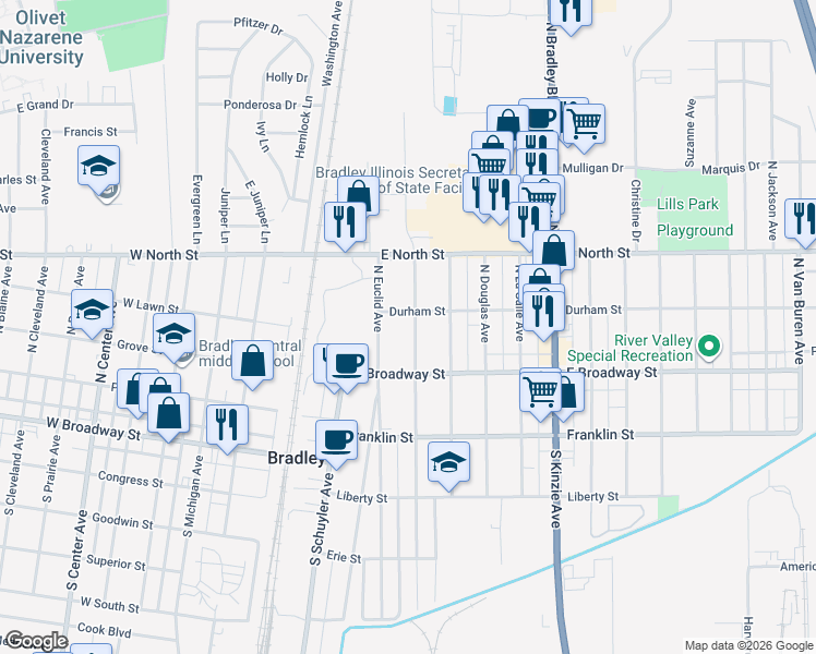 map of restaurants, bars, coffee shops, grocery stores, and more near 177 North Fulton Avenue in Bradley