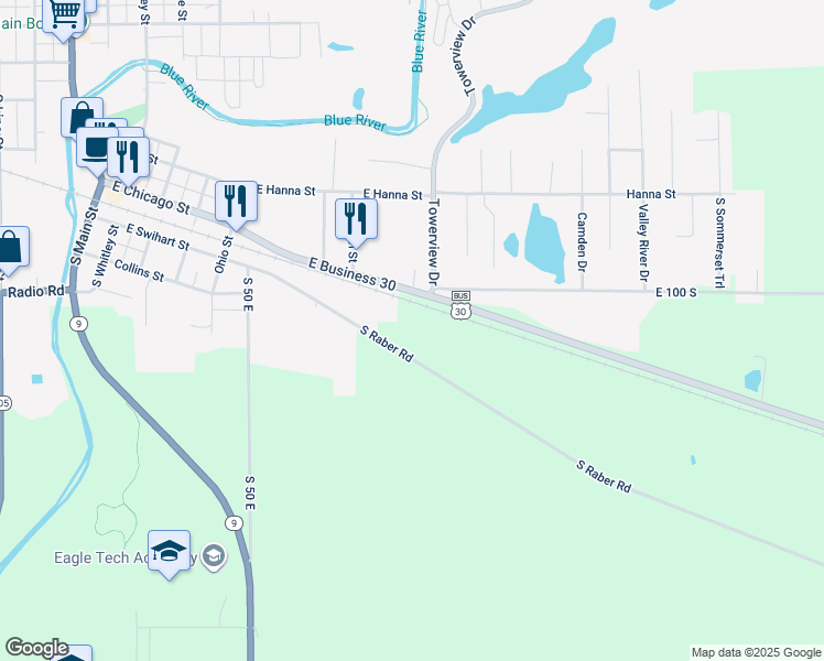 map of restaurants, bars, coffee shops, grocery stores, and more near 1225 South Raber Road in Columbia City