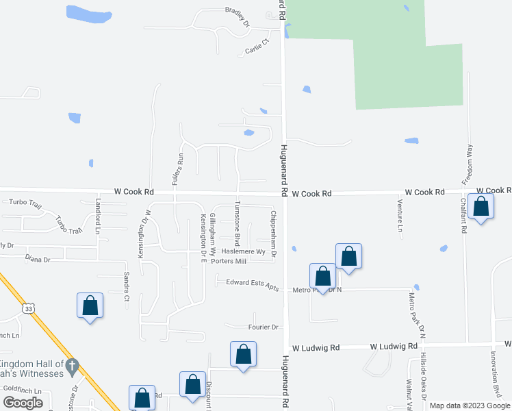 map of restaurants, bars, coffee shops, grocery stores, and more near Dressage Drive in Fort Wayne