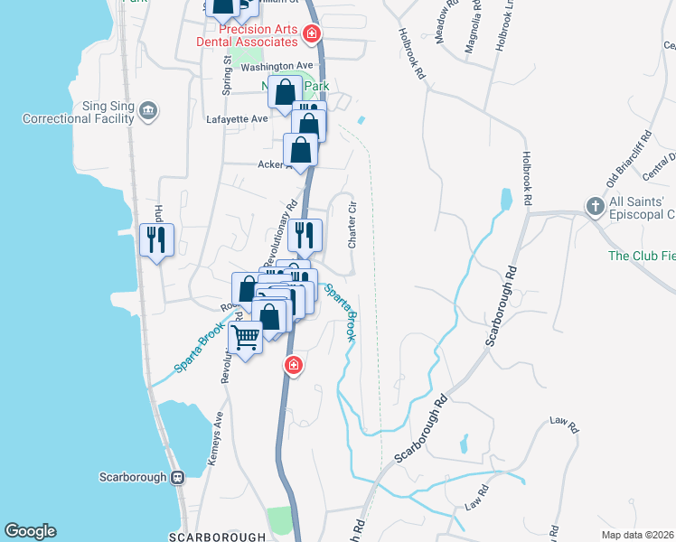 map of restaurants, bars, coffee shops, grocery stores, and more near 71 Charter Circle in Ossining