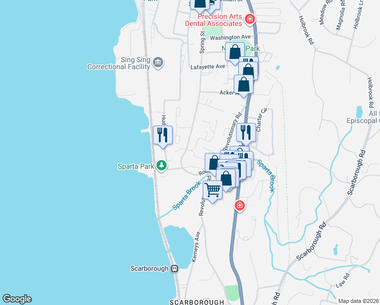 map of restaurants, bars, coffee shops, grocery stores, and more near 91 Hudson Point Lane in Ossining