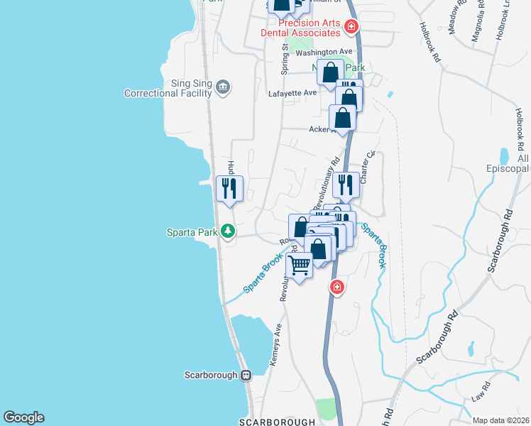 map of restaurants, bars, coffee shops, grocery stores, and more near 91 Hudson Point Lane in Ossining