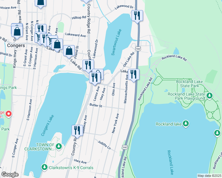 map of restaurants, bars, coffee shops, grocery stores, and more near 114 Lake Road in Congers