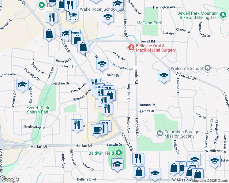 map of restaurants, bars, coffee shops, grocery stores, and more near 1210 Sunny Lane in Bellevue