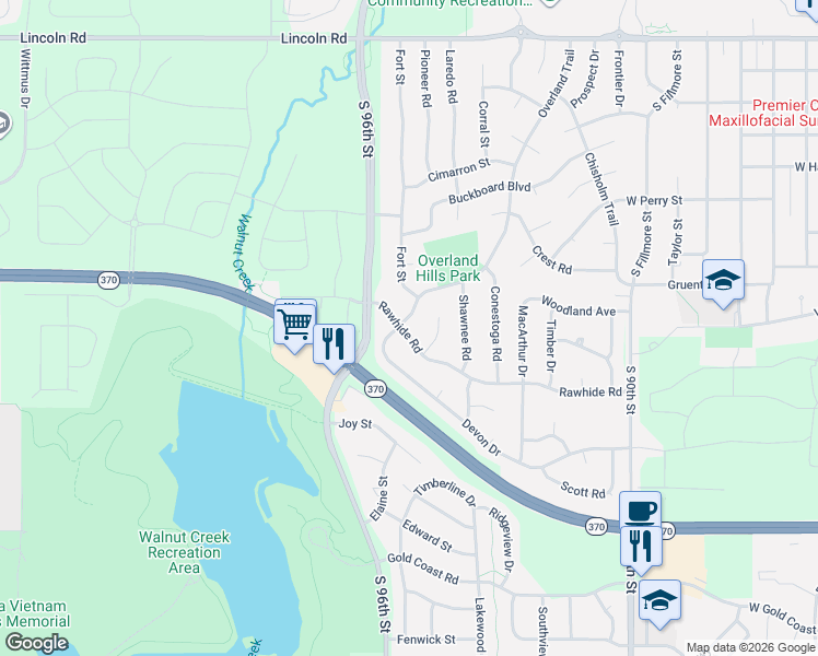 map of restaurants, bars, coffee shops, grocery stores, and more near 1144 Overland Trail in Papillion
