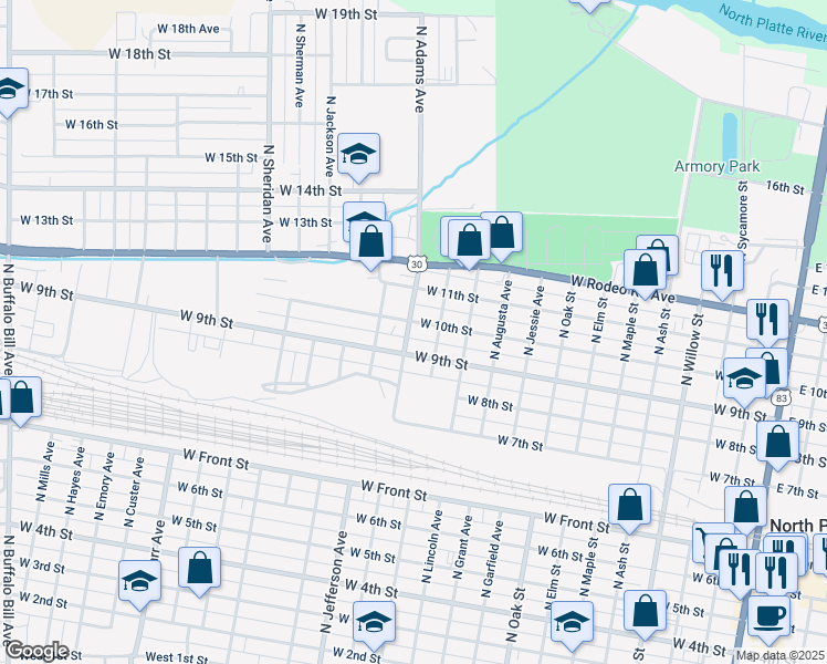 map of restaurants, bars, coffee shops, grocery stores, and more near 1000-1048 North Adams Avenue in North Platte
