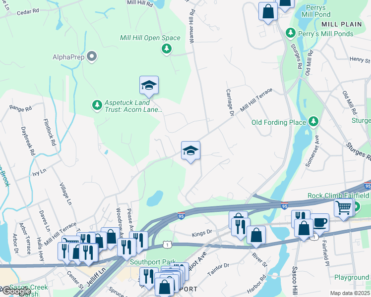 map of restaurants, bars, coffee shops, grocery stores, and more near 635 Mill Hill Terrace in Fairfield