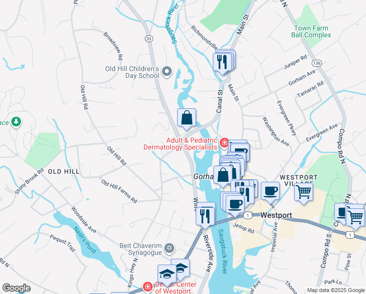 map of restaurants, bars, coffee shops, grocery stores, and more near 135 Wilton Road in Westport