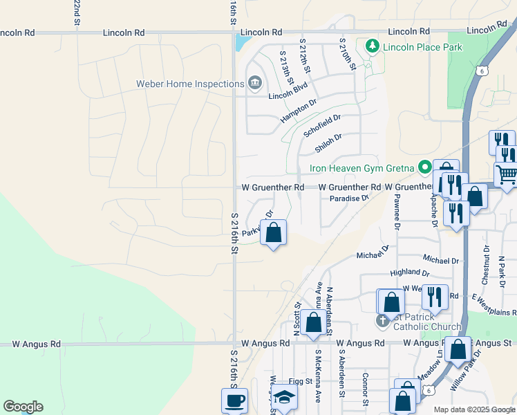 map of restaurants, bars, coffee shops, grocery stores, and more near 21419 Amber Drive in Gretna
