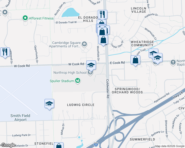 map of restaurants, bars, coffee shops, grocery stores, and more near 7001 Coldwater Road in Fort Wayne