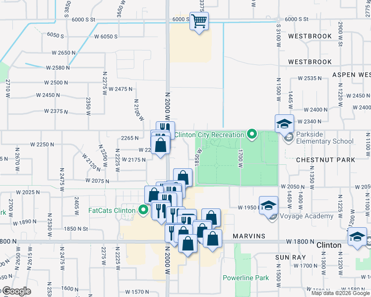 map of restaurants, bars, coffee shops, grocery stores, and more near 2209 North 1930 West in Clinton