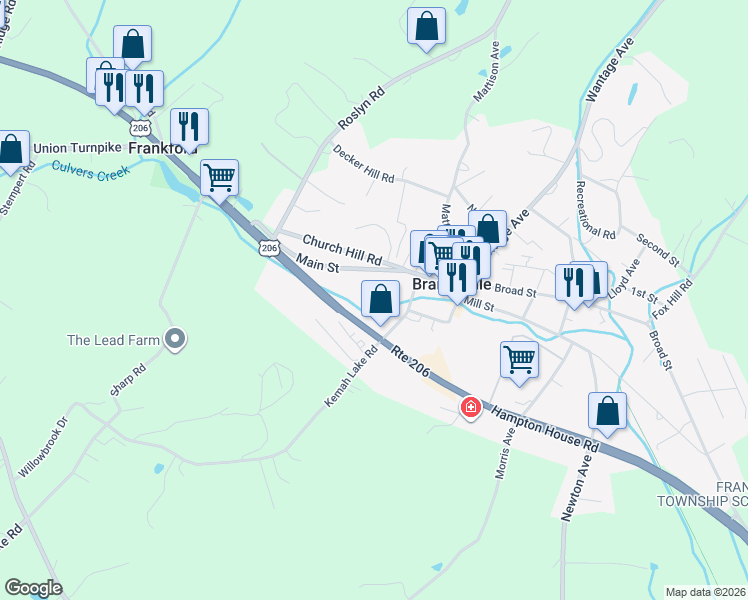 map of restaurants, bars, coffee shops, grocery stores, and more near 31 Main Street in Branchville