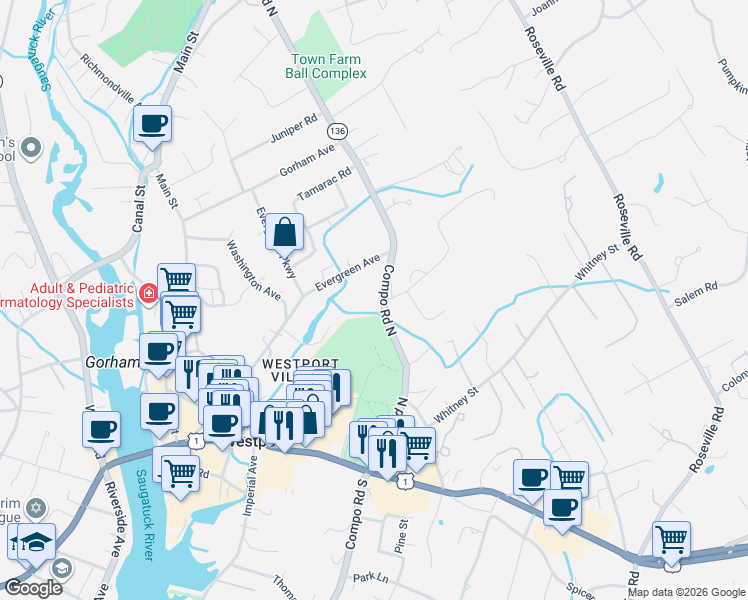 map of restaurants, bars, coffee shops, grocery stores, and more near 59 Compo Road North in Westport