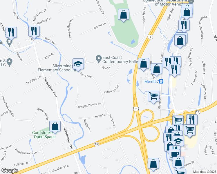 map of restaurants, bars, coffee shops, grocery stores, and more near 1 Briarwood Road in Norwalk