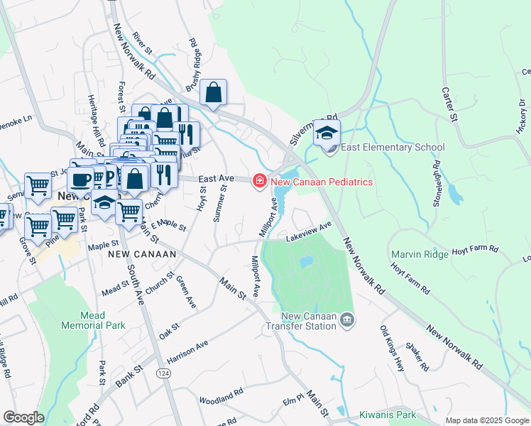 map of restaurants, bars, coffee shops, grocery stores, and more near 33 Millport Avenue in New Canaan