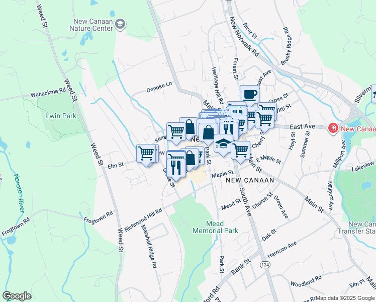 map of restaurants, bars, coffee shops, grocery stores, and more near 199 Elm Street in New Canaan