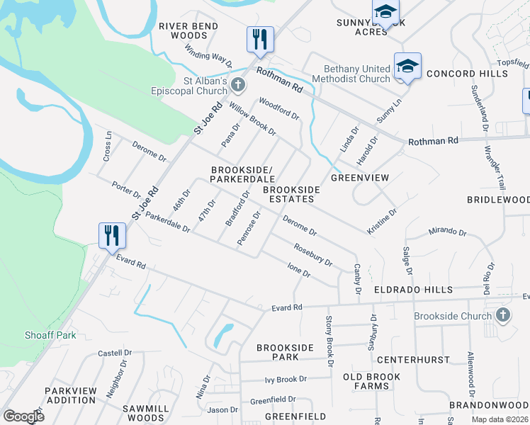 map of restaurants, bars, coffee shops, grocery stores, and more near 4915 Derome Drive in Fort Wayne
