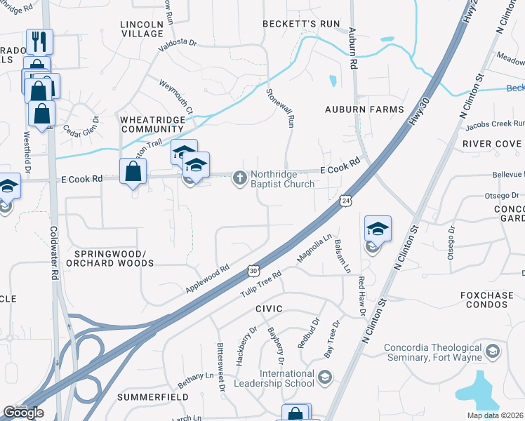 map of restaurants, bars, coffee shops, grocery stores, and more near 7202 Tangerine Lane in Fort Wayne
