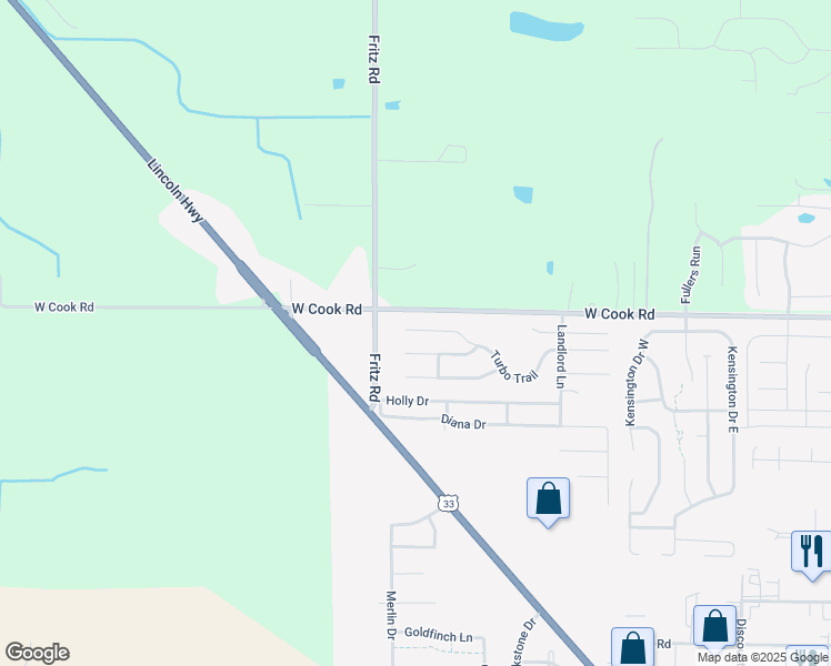 map of restaurants, bars, coffee shops, grocery stores, and more near 5165-5399 West Cook Road in Fort Wayne