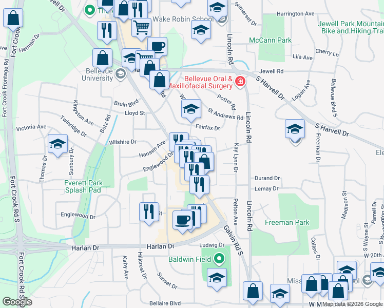 map of restaurants, bars, coffee shops, grocery stores, and more near 1409 Galvin Road South in Bellevue