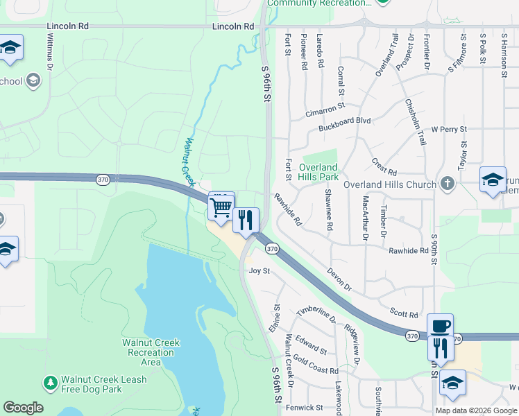 map of restaurants, bars, coffee shops, grocery stores, and more near 1005 Mesa Circle in Papillion