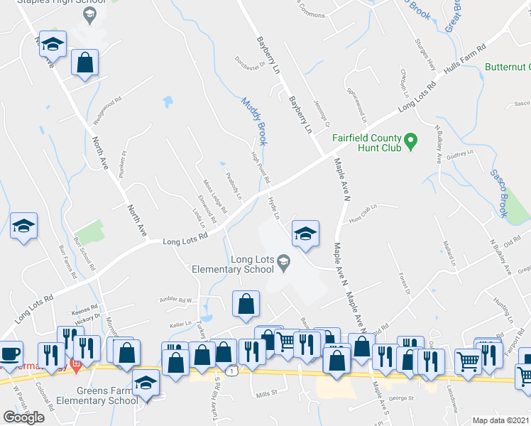 map of restaurants, bars, coffee shops, grocery stores, and more near 31 Hyde Lane in Westport