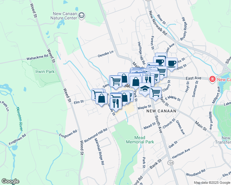 map of restaurants, bars, coffee shops, grocery stores, and more near 229 Elm Street in New Canaan