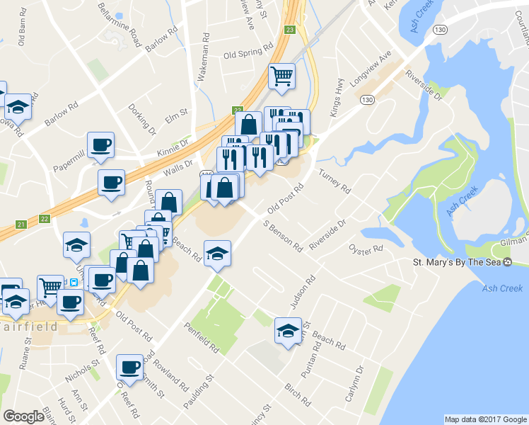 map of restaurants, bars, coffee shops, grocery stores, and more near 290 Old Post Road in Fairfield