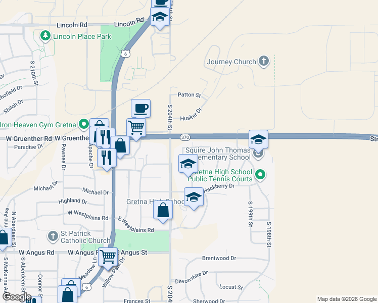 map of restaurants, bars, coffee shops, grocery stores, and more near 20256 76 Glenmore Drive in Gretna